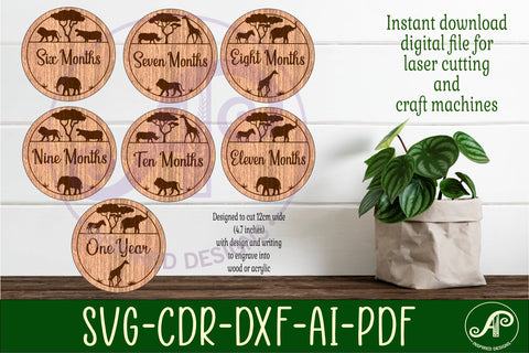 Safari animals themed Baby monthly milestone discs SVG laser SVG APInspireddesigns 