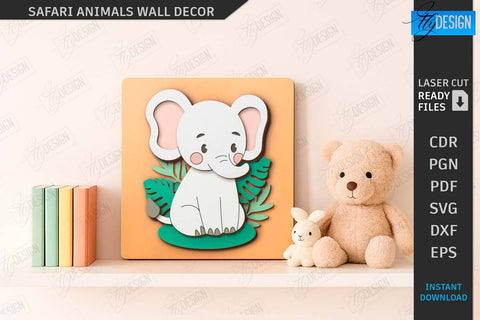 Safari Animals Wall Decor Laser Cut Bundle | Cartoon Animals | Children Room Decor | Kids Laser | Cute Animals | Wall Signs | Kids Room SVG | CNC Files SVG Fly Design 