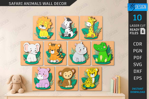 Safari Animals Wall Decor Laser Cut Bundle | Cartoon Animals | Children Room Decor | Kids Laser | Cute Animals | Wall Signs | Kids Room SVG | CNC Files SVG Fly Design 