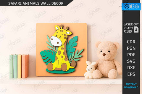 Safari Animals Wall Decor Laser Cut Bundle | Cartoon Animals | Children Room Decor | Kids Laser | Cute Animals | Wall Signs | Kids Room SVG | CNC Files SVG Fly Design 