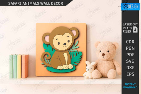 Safari Animals Wall Decor Laser Cut Bundle | Cartoon Animals | Children Room Decor | Kids Laser | Cute Animals | Wall Signs | Kids Room SVG | CNC Files SVG Fly Design 