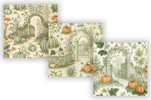 Sage Green Pumpkin Patch Toile Paper, Seamless Watercolor Pattern Bundle, Printable Scrapbook Paper, Botanical Autumn Design Collection Digital Pattern FloridPrintables 