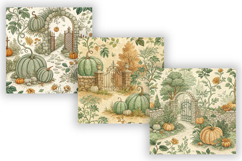 Sage Green Pumpkin Patch Toile Paper, Seamless Watercolor Pattern Bundle, Printable Scrapbook Paper, Botanical Autumn Design Collection Digital Pattern FloridPrintables 