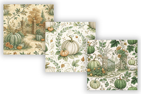 Sage Green Pumpkin Patch Toile Paper, Seamless Watercolor Pattern Bundle, Printable Scrapbook Paper, Botanical Autumn Design Collection Digital Pattern FloridPrintables 