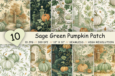 Sage Green Pumpkin Patch Toile Paper, Seamless Watercolor Pattern Bundle, Printable Scrapbook Paper, Botanical Autumn Design Collection Digital Pattern FloridPrintables 