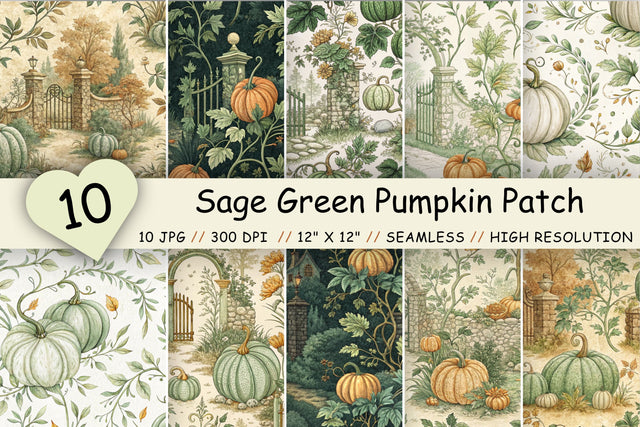 Sage Green Pumpkin Patch Toile Paper, Seamless Watercolor Pattern Bundle, Printable Scrapbook Paper, Botanical Autumn Design Collection Digital Pattern FloridPrintables 