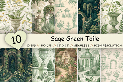 Sage Green Toile Digital Paper Pack, Seamless Floral Pattern Bundle, Printable Scrapbook Paper, French Country Botanical Design Bundle Digital Pattern FloridPrintables 