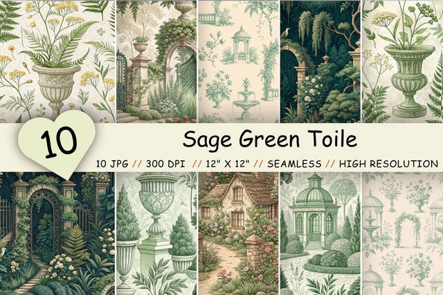 Sage Green Toile Digital Paper Pack, Seamless Floral Pattern Bundle, Printable Scrapbook Paper, French Country Botanical Design Bundle Digital Pattern FloridPrintables 