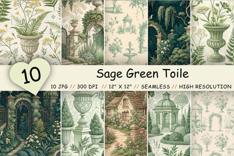 Sage Green Toile Digital Paper Pack, Seamless Floral Pattern Bundle, Printable Scrapbook Paper, French Country Botanical Design Bundle Digital Pattern FloridPrintables 