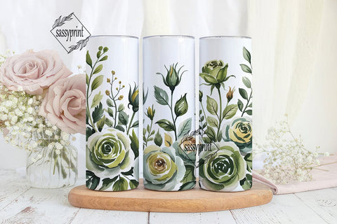 Sage Green Watercolor Roses 20oz Tumbler Sublimation sassyprint 