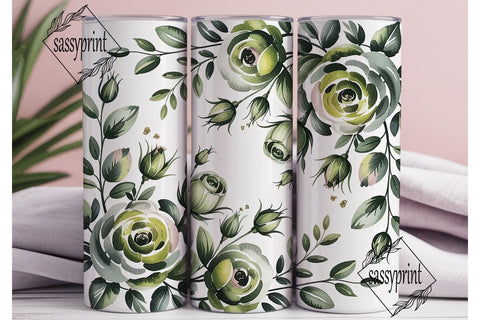 Sage Green Watercolor Roses 20oz Tumbler Sublimation sassyprint 