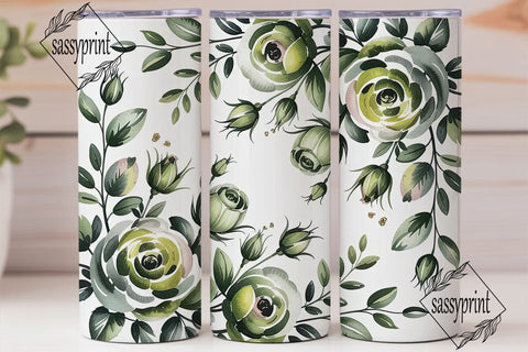 Sage Green Watercolor Roses 20oz Tumbler Sublimation sassyprint 