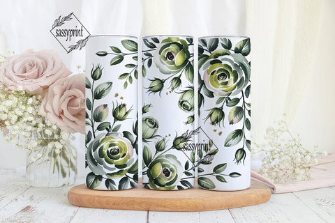 Sage Green Watercolor Roses 20oz Tumbler Sublimation sassyprint 