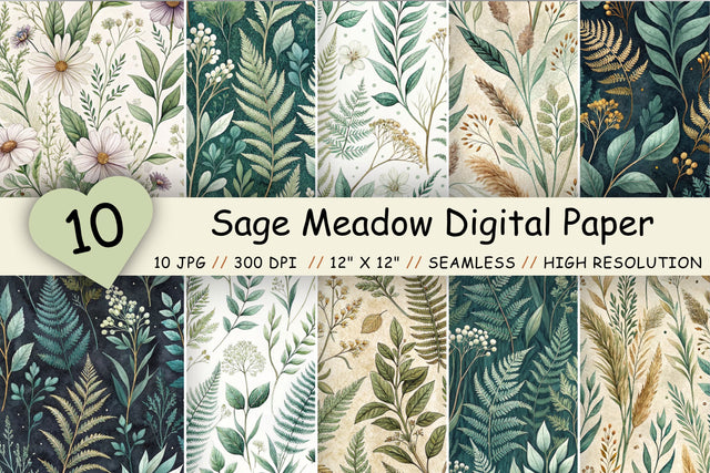 Sage Meadow Digital Paper Pack, Seamless Watercolor Botanical Pattern Bundle, Printable Scrapbook Paper, Wildflower Cottagecore Design Collection Digital Pattern FloridPrintables 