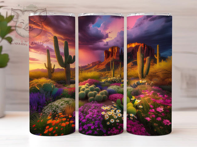 Saguaro Desert Sunset 20oz Tumbler, Desert Sunset Wrap, Wildflower Landscape Sublimation, Vibrant Desert PNG, 20oz Tumbler Wrap, Southwestern Lifestyle Design, Rustic Desert Sublimation Sublimation Lara' s Designs 