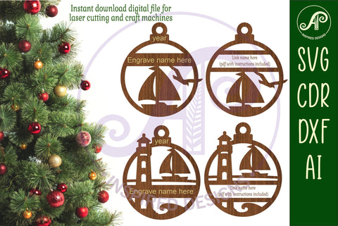 Sailboat and lighthouse personalized Christmas Ornament SVG SVG APInspireddesigns 