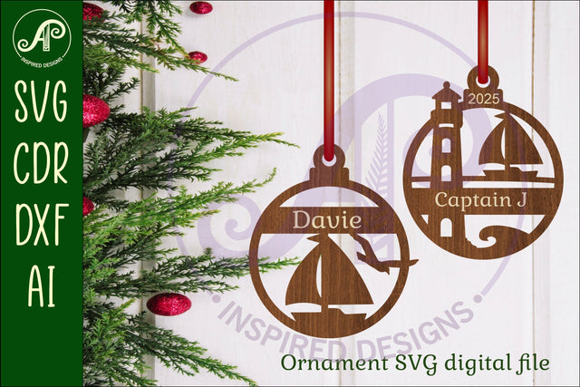 Sailboat and lighthouse personalized Christmas Ornament SVG SVG APInspireddesigns 