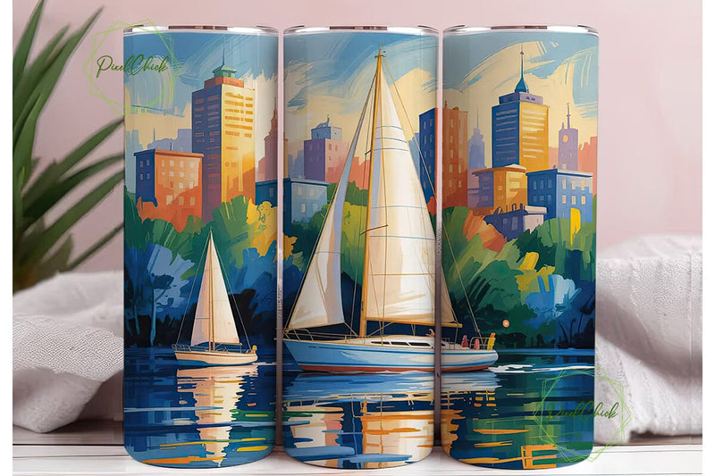 Sailboat Cityscape 20oz Tumbler Wrap Sublimation PixelChick 