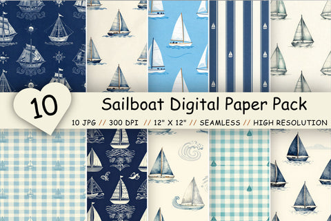 Sailboat Digital Paper Pack, Coastal Sailing Seamless Patterns, Regatta, Ocean Waves & Nautical Printable Crafts Digital Pattern FloridPrintables 