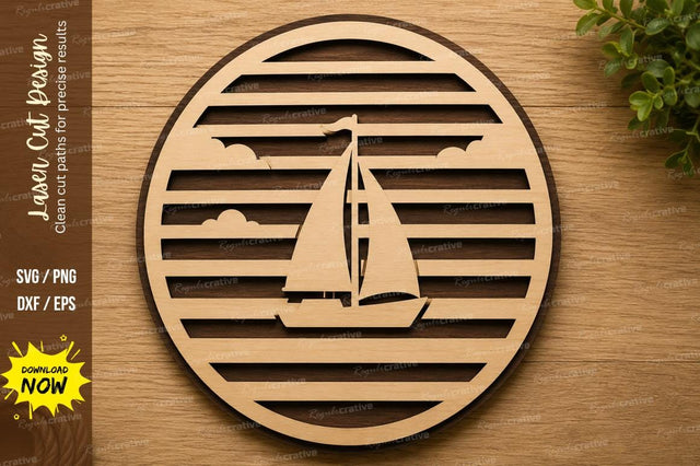 Sailboat Ocean Stripe Circle Laser Cut SVG File SVG Regulrcrative 