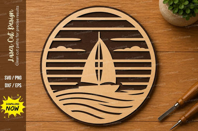 Sailboat Ocean Sunset Circle Laser Cut SVG File SVG Regulrcrative 