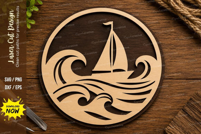 Sailboat Ocean Waves Circle Laser Cut SVG File SVG Regulrcrative 