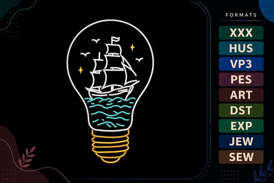 Sailing Ship in Light Bulb Nautical Ocean Adventure Summer Embroidery Design Embroidery/Applique DESIGNS sg embroidery 