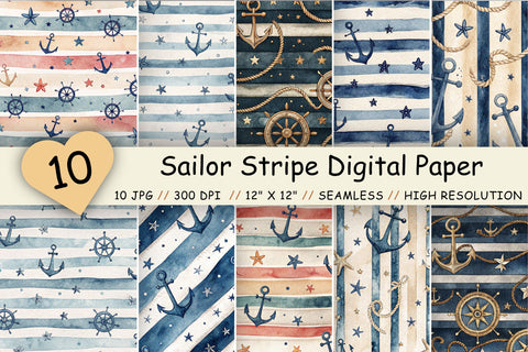 Sailor Stripe Digital Paper Pack, Seamless Watercolor Nautical Pattern Bundle, Printable Scrapbook Paper, Navy Anchor Stripe Design Collection Digital Pattern FloridPrintables 