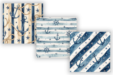 Sailor Stripe Digital Paper Pack, Seamless Watercolor Nautical Pattern Bundle, Printable Scrapbook Paper, Navy Anchor Stripe Design Collection Digital Pattern FloridPrintables 