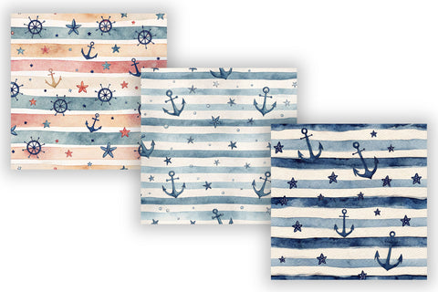 Sailor Stripe Digital Paper Pack, Seamless Watercolor Nautical Pattern Bundle, Printable Scrapbook Paper, Navy Anchor Stripe Design Collection Digital Pattern FloridPrintables 