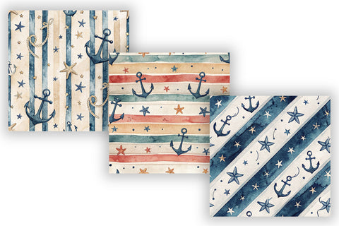 Sailor Stripe Digital Paper Pack, Seamless Watercolor Nautical Pattern Bundle, Printable Scrapbook Paper, Navy Anchor Stripe Design Collection Digital Pattern FloridPrintables 