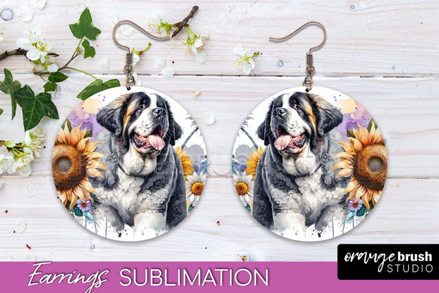 Saint Bernard Earrings - Dog Mom Floral Round Earring Sublimation Sublimation OrangeBrushStudio 
