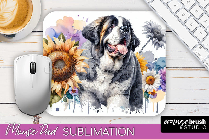 Saint Bernard Mouse Pad Design - Dog Mom Floral Mousepad Sublimation Sublimation OrangeBrushStudio 