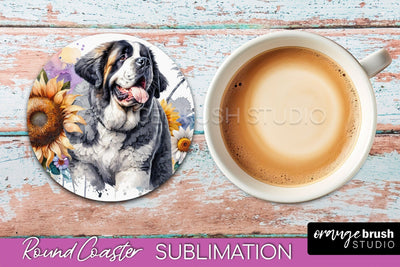 Saint Bernard Round Coaster - Dog Mom Floral Coaster Sublimation Sublimation OrangeBrushStudio 