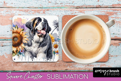 Saint Bernard Square Coaster - Dog Mom Floral Coaster Sublimation Sublimation OrangeBrushStudio 