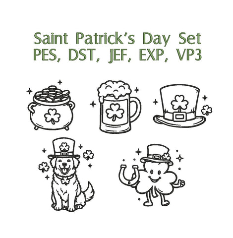 Saint Patrick’s Day Embroidery Designs Bundle, Lucky Shamrock Dog Leprechaun Hat Beer Mug Pot of Gold, Machine Embroidery Files PES DST JEF EXP VP3 Embroidery/Applique DESIGNS Stitched Haus 