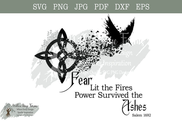 Salem 1692 – Fear Lit the Fires, Power Survived the Ashes | Witch’s Knot dispersed to Raven | Gothic Symbolic Design png jpg eps pdf dxf svg SVG Willow Paige Farms 