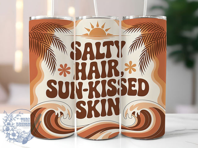 Salty Hair Sun Kissed 20oz Tumbler, Sun-Kissed Skin Phrase, Tropical Coastal Illustration, Sublimation Tumbler Wrap, 20oz Tumbler, Fun Summer Gift, Bright Beach Style Sublimation ToriDesigns 