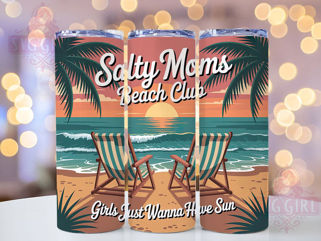 Salty Moms Club 20oz Tumbler, Girls Just Wanna Have Sun Quote, Retro Beach Vibes, Coastal Summer Theme, Tropical Illustration, Sublimation Tumbler Wrap, 20oz Tumbler Sublimation SvggirlplusArt 