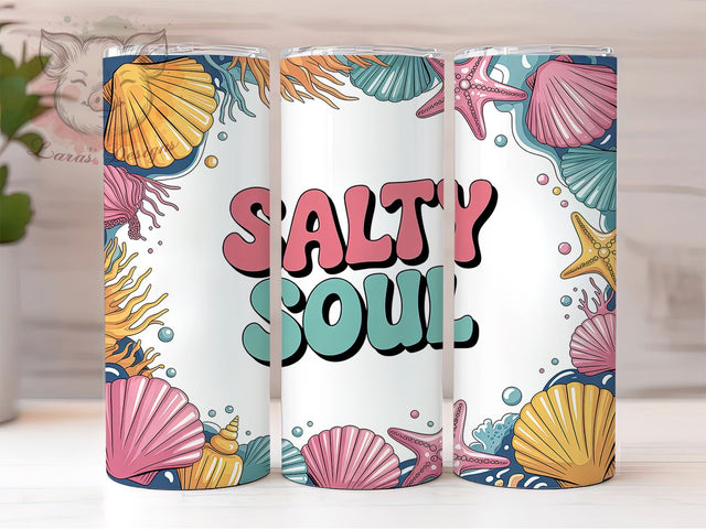 Salty Soul Design 20oz Tumbler, Vibrant Playful Theme, Ocean Inspired Design, Coastal Lifestyle Illustration, Tropical Retro Style, Sublimation Tumbler Wrap, 20oz Tumbler Sublimation Lara' s Designs 