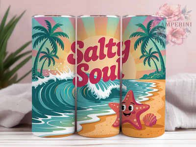 Salty Soul Retro 20oz Tumbler, Salty Soul Phrase, Coastal Summer Theme, Vintage Tropical Illustration, Sublimation Tumbler Wrap, 20oz Tumbler, Fun Coastal Gift Sublimation Li Zamperini 