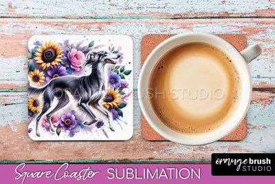 Saluki Square Coaster - Dog Mom Floral Coaster Sublimation Sublimation OrangeBrushStudio 
