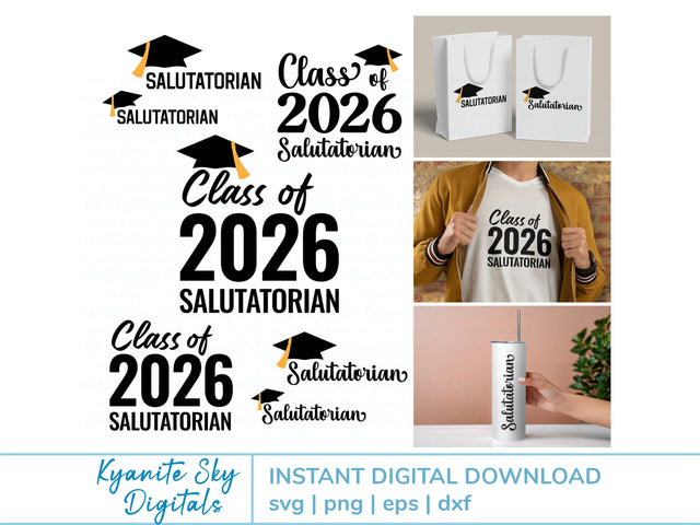 Salutatorian 2026 Graduation SVG vinyl cut files, PNG clipart SVG Kyanite Sky Digitals 