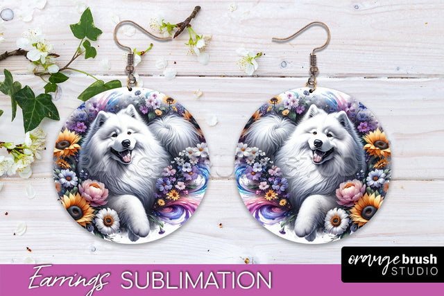 Samoyed Earrings - Dog Mom Floral Round Earring Sublimation Sublimation OrangeBrushStudio 