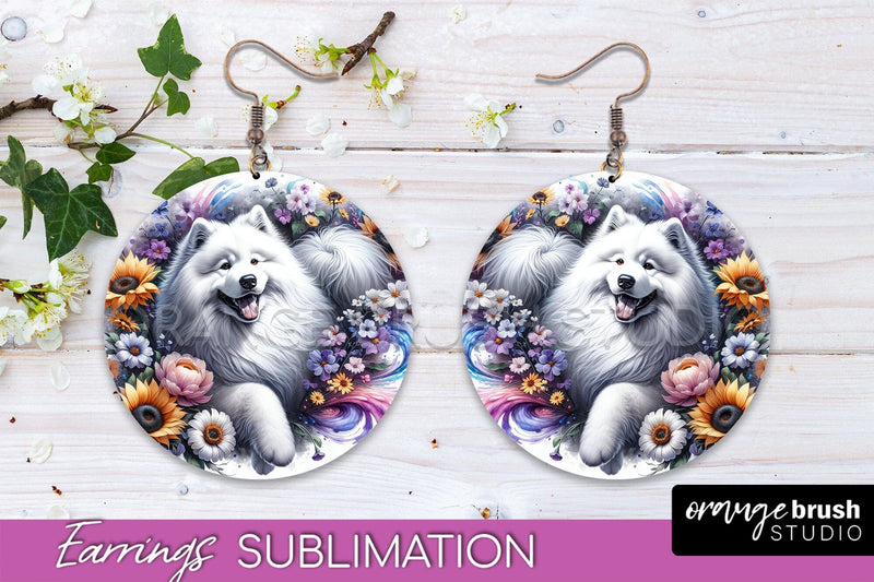 Samoyed Earrings - Dog Mom Floral Round Earring Sublimation Sublimation OrangeBrushStudio 