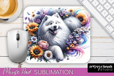 Samoyed Mouse Pad Design - Dog Mom Floral Mousepad Sublimation Sublimation OrangeBrushStudio 