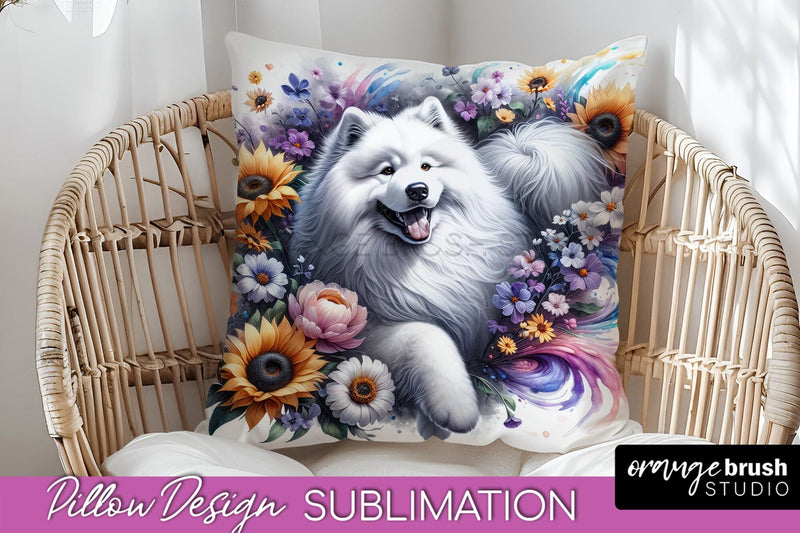 Samoyed Pillow Cover - Dog Mom Floral Pillow Sublimation Sublimation OrangeBrushStudio 