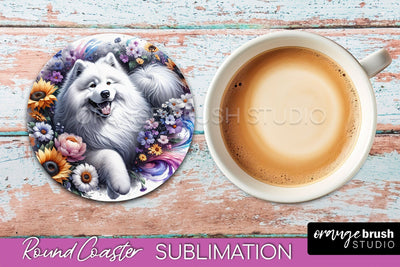 Samoyed Round Coaster - Dog Mom Floral Coaster Sublimation Sublimation OrangeBrushStudio 