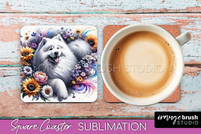 Samoyed Square Coaster - Dog Mom Floral Coaster Sublimation Sublimation OrangeBrushStudio 