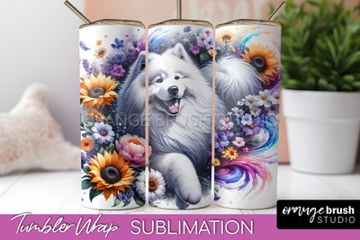 Samoyed Tumbler Wrap - Dog Mom Floral Tumbler Sublimation Sublimation OrangeBrushStudio 